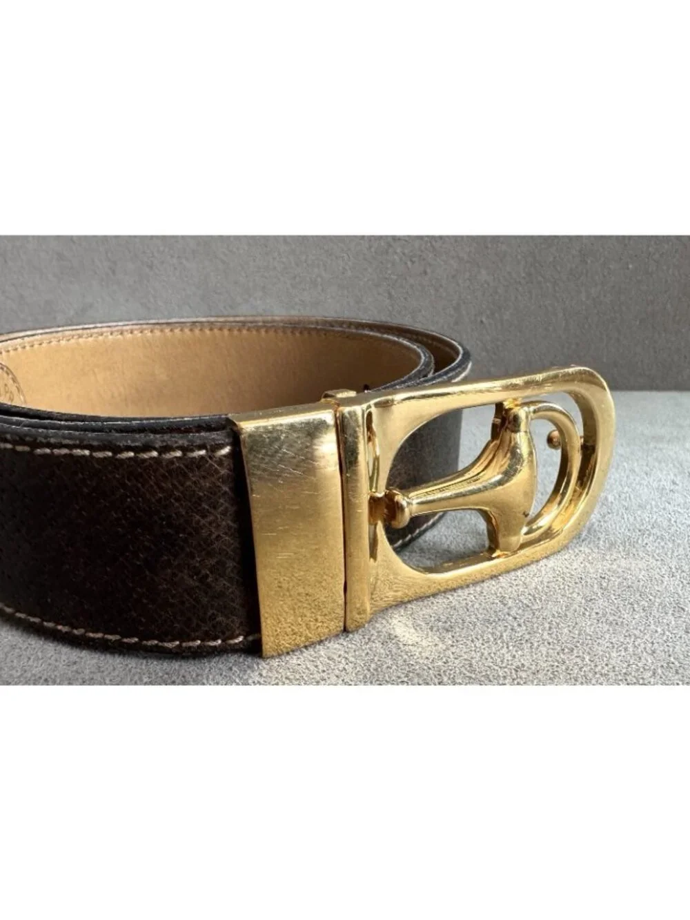 Vtg Signed GUCCI HORSEBIT BUCKLE Brown/Tan LEATHER BELT Reversible 33.5